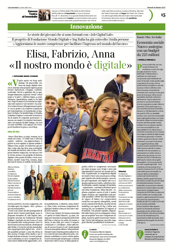 fmdigitale's tweet photo. Elisa, Fabrizio, Anna "Il nostro mondo è digitale"
@CorriereBN racconta le storie di #JobDigitaLab con @INGItalia 
#competenzedigitali #autoimprenditoria #softskills #eskills #Edu4Life
🔗https://t.co/j0DmLnQmHM https://t.co/ZllglQe3ad