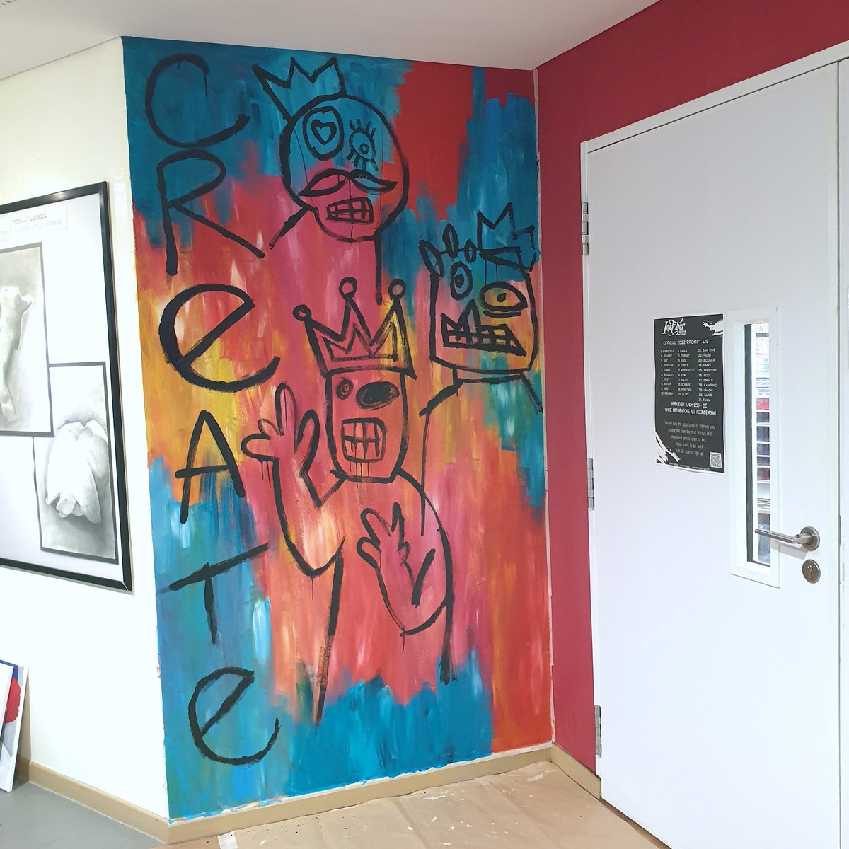 CasesNicola's tweet photo. New murals in progress for the art corridor! Inspired by some of the biggest names in Pop and street art, some of our Art and Design Society members are creating bespoke designs. It’s been great to see their fearless approach! 

 #dcsg #moreartnotless #mural #dcsgart https://t.co/i1nwUc8pUJ