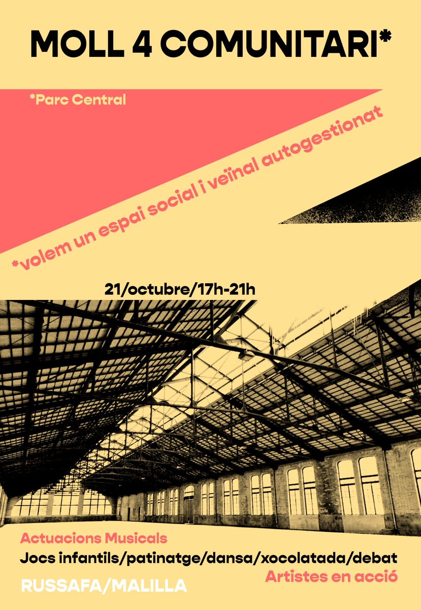 AmpaSoler's tweet photo. 💪💪Ens sumem a l'iniciativa perquè el Moll 4 del Parc Central siga per a la comunitat veïnal i el teixit social del barri 💚🏘️
👉Us esperem en la vesprada lúdica reivindicativa de 📅divendres 21 📍al mateix parc! #moll4comunitari
@PxRussafa @russafaveinal https://t.co/C1sWrw55nW
