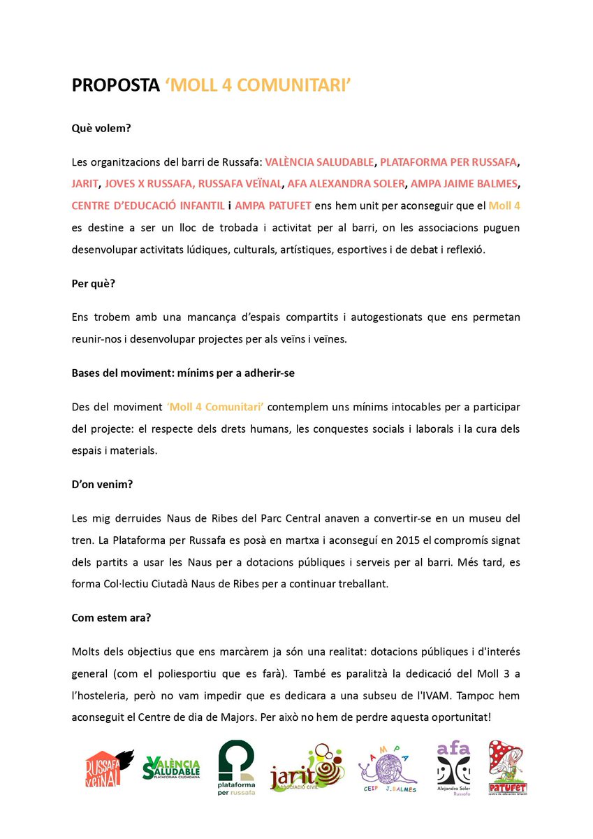💪💪Ens sumem a l'iniciativa perquè el Moll 4 del Parc Central siga per a la comunitat veïnal i el teixit social del barri 💚🏘️
👉Us esperem en la vesprada lúdica reivindicativa de 📅divendres 21 📍al mateix parc! #moll4comunitari
<a href="/PxRussafa/">Plataforma Per Russafa</a> <a href="/russafaveinal/">Russafaveïnal</a>
