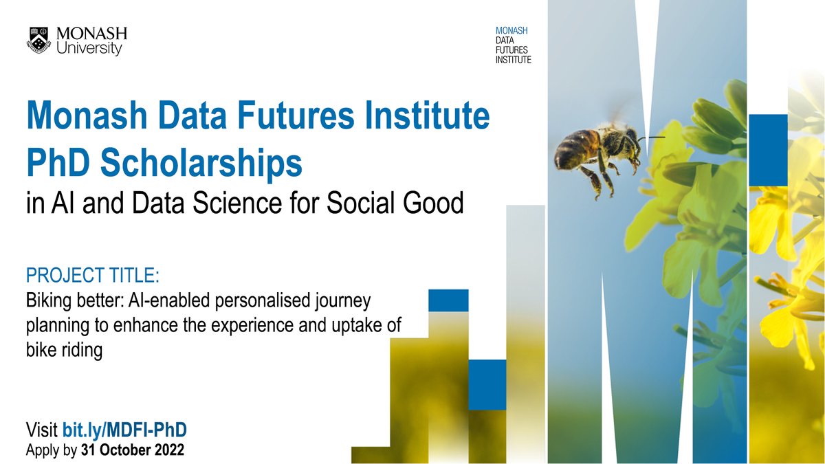 Monash AI Institute (@monashai_inst) on Twitter photo Interested in doing a PhD with the amazing team of <a href="/DrBenBeck/">Ben Beck</a>, <a href="/ProfKulic/">Dana Kulic</a> & <a href="/Jo_CaldwelI/">Joanne Caldwell</a>?
Here's your opportunity!
Scholarships are open for the project "Biking better: AI-enabled personalised journey planning".
Apply today - monash.edu/data-futures-i…
Applications close 31 Oct. Interested in doing a PhD with the amazing team of <a href="/DrBenBeck/">Ben Beck</a>, <a href="/ProfKulic/">Dana Kulic</a> & <a href="/Jo_CaldwelI/">Joanne Caldwell</a>?
Here's your opportunity!
Scholarships are open for the project "Biking better: AI-enabled personalised journey planning".
Apply today - monash.edu/data-futures-i…
Applications close 31 Oct.