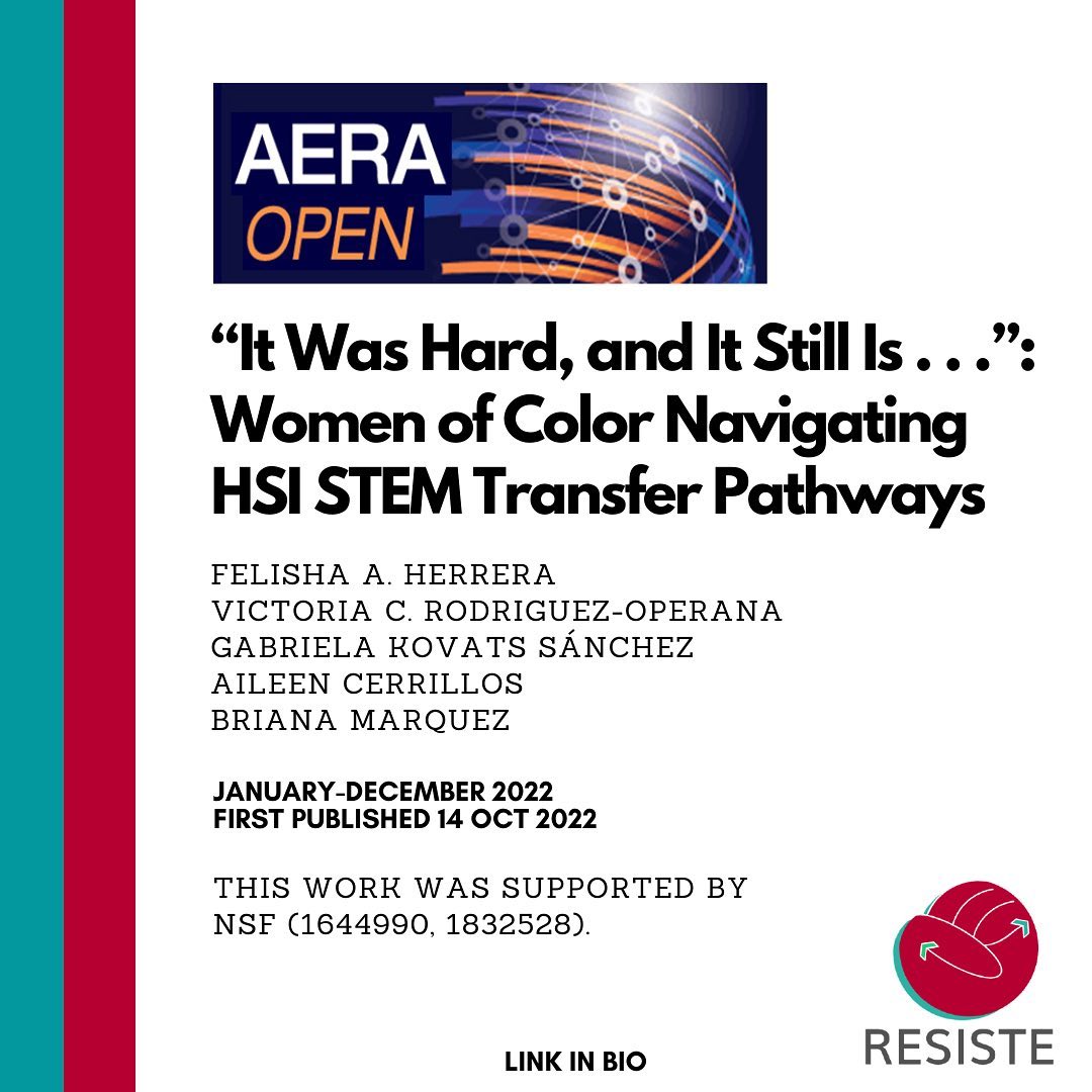 Check out our article "It Was Hard, and It Still Is . . .": Women of Color Navigating HSI STEM Transfer Pathways with <a href="/drvictoriarod/">Victoria Rodriguez-Operana</a>, @KovatsSanchez, @aileencerrillos and <a href="/bri_marquez/">☪</a>, centering the voices of #WOCinSTEM who navigated #HSIs 
journals.sagepub.com/doi/pdf/10.117…