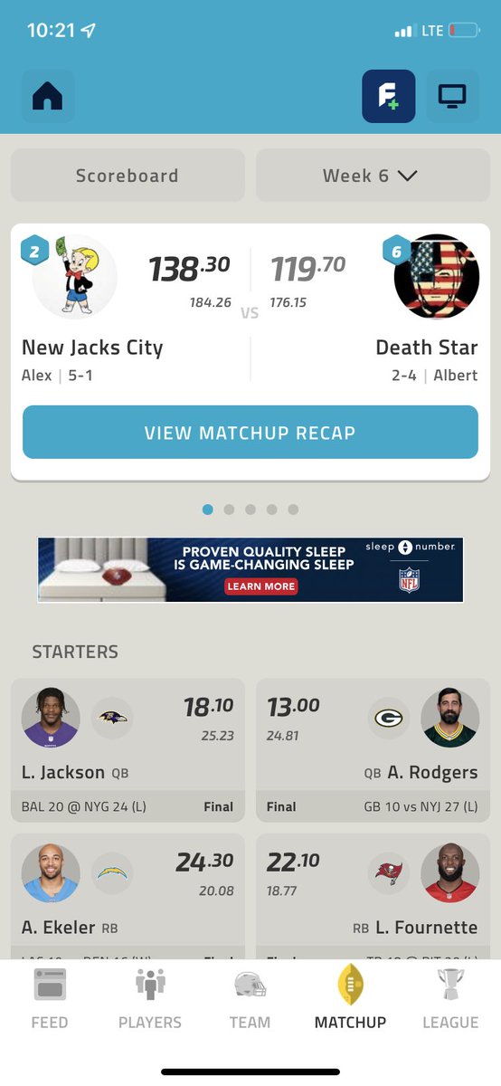 BombotheDon's tweet photo. @AustinEkeler Week 6 Fantasy W https://t.co/HK0U7lAgie