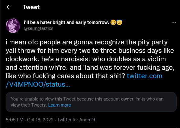 🚨 REPORT 🚨   

ot6 // sn anti 
 
🔗 x.com/seungtastics?s…

REPORT UNDER
❗️DISRESPECTFUL/OFFENSIVE
❗️ABUSIVE/HATEFUL
❗️HACKED/SPAM