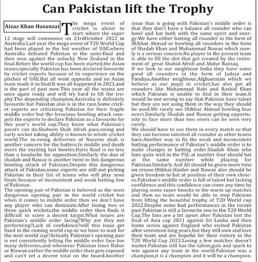 imaizazkhan's tweet photo. So my love for my country and its cricket team compelled me to write this article.Really happy to have it published in the newspaper and that too right in the middle of the page.Favourite one so far😍Alhamdulellah❤️
Give it a read📖
Link to the article.
https://t.co/uRoWvu3ysn https://t.co/NHfZ2FaLrI