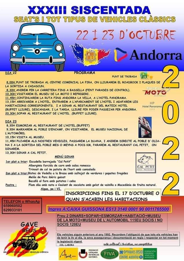 seat600eventos's tweet photo. XXXIII SISCENTADA, SEAT'S i tot tipus de vehicles clàssics, 22 i 23/10, #Andorra
#Seat600 #EventosSeat600 https://t.co/P2qDXQZpRu