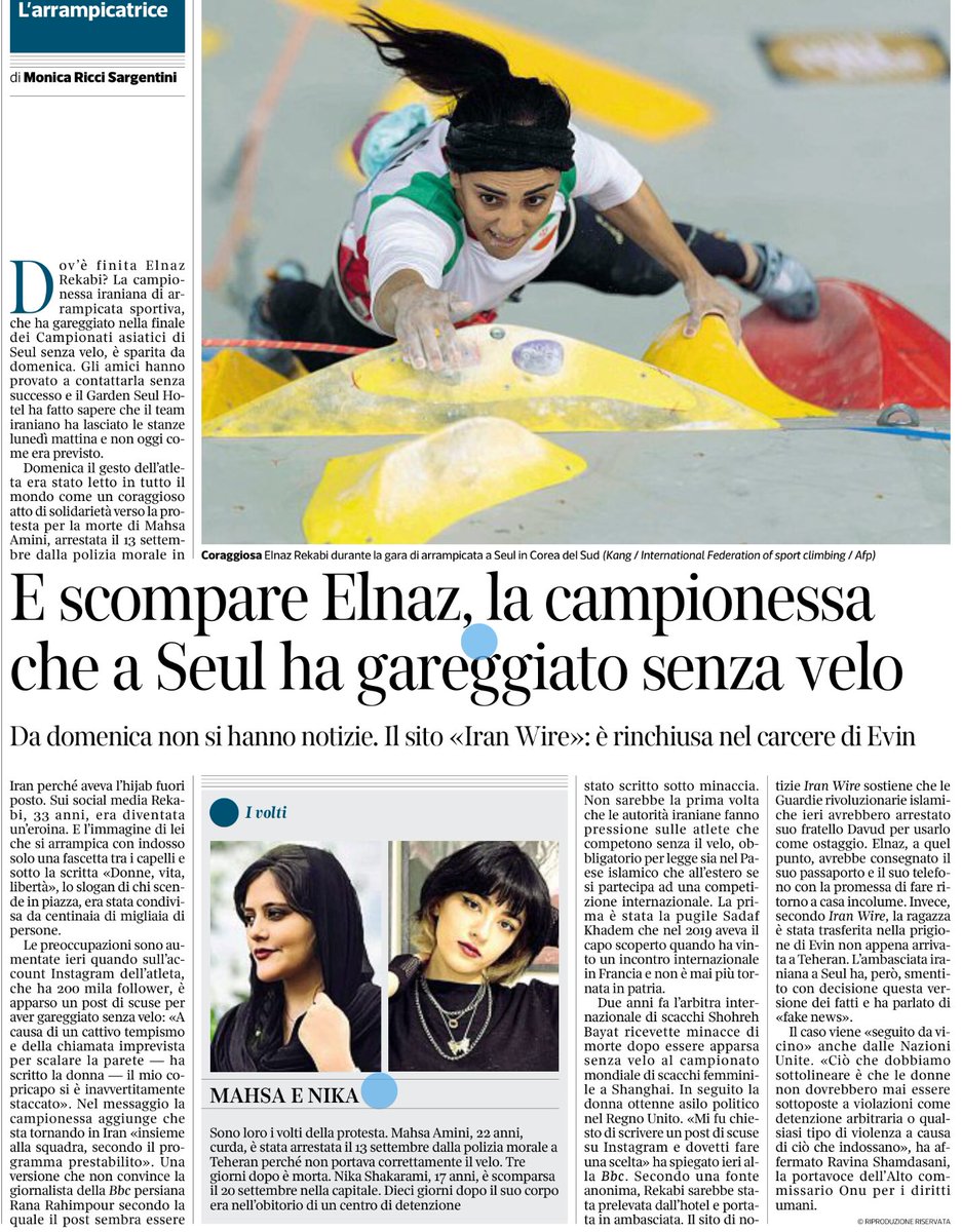 Iran, scompare Elnaz, la campionessa che a Seul ha gareggiato senza veli Monica Ricci Sargentini, @Corriere