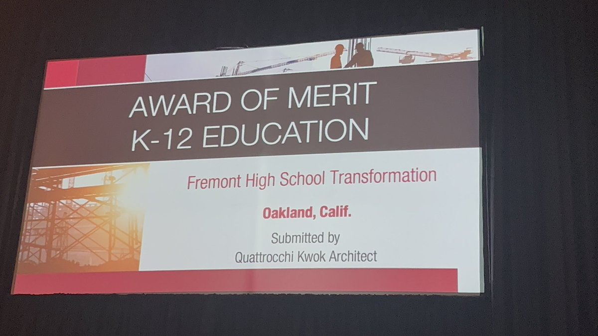 Proud to share this amazing moment for the <a href="/FremontTigers/">Fremont High School</a> from today! We were honored by <a href="/ENRnews/">ENR</a>! Thank you to <a href="/QKArchitects/">Quattrocchi Kwok Architects (QKA)</a> for your dedication to our school community! Thank you to LCA and Cahill and OUSD, and Oakland voters. #community #building