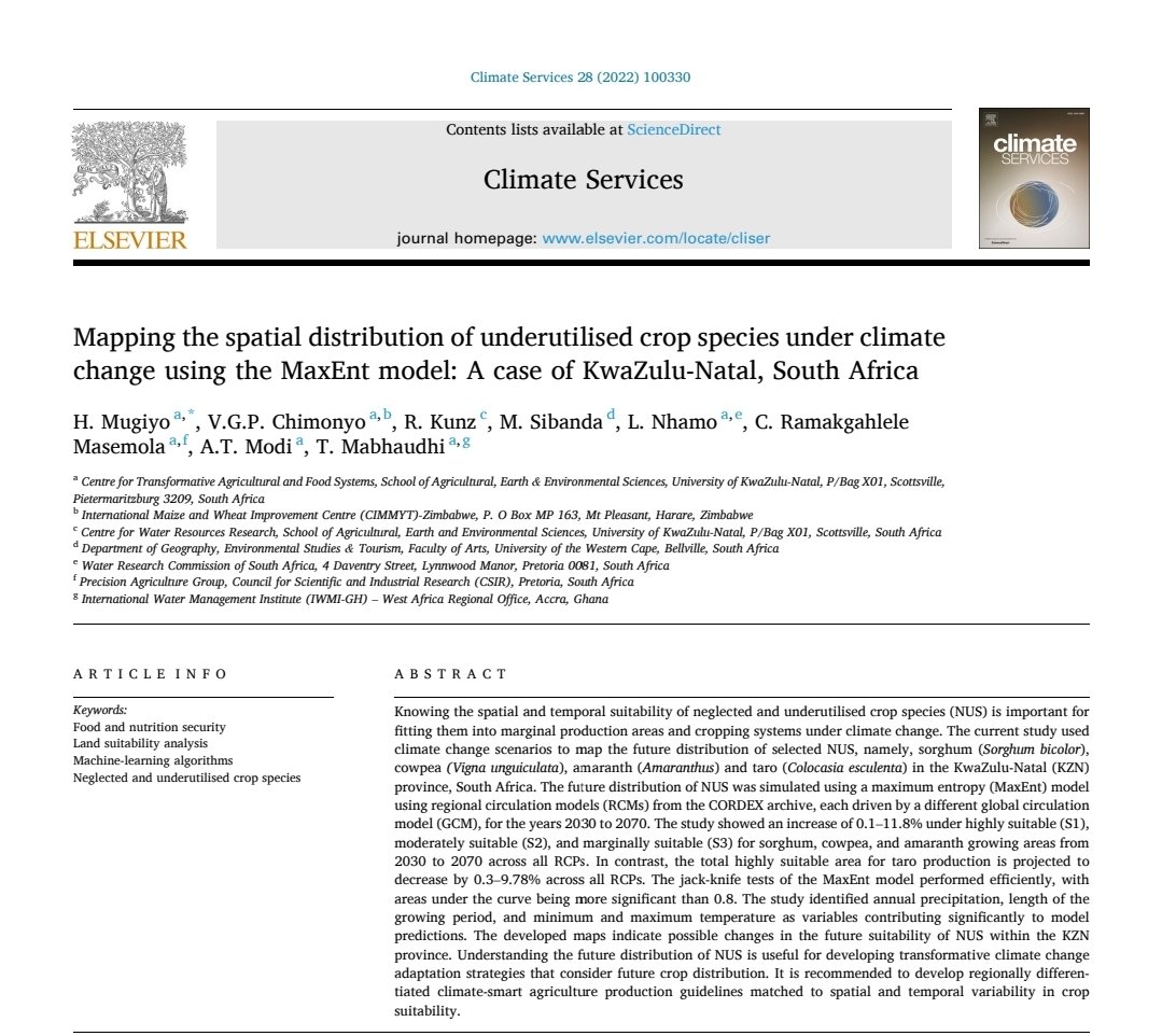 vgpchimonyo's tweet photo. #JustPublished Mapping the future suitability of #OphanCrop #FutureCrops #UnderutilisedCrops. Well done Hillary and team https://t.co/ENi8RB3hCK
@CIMMYT @UKZN @WaterResearchSA https://t.co/T3a3Cc6Lzl