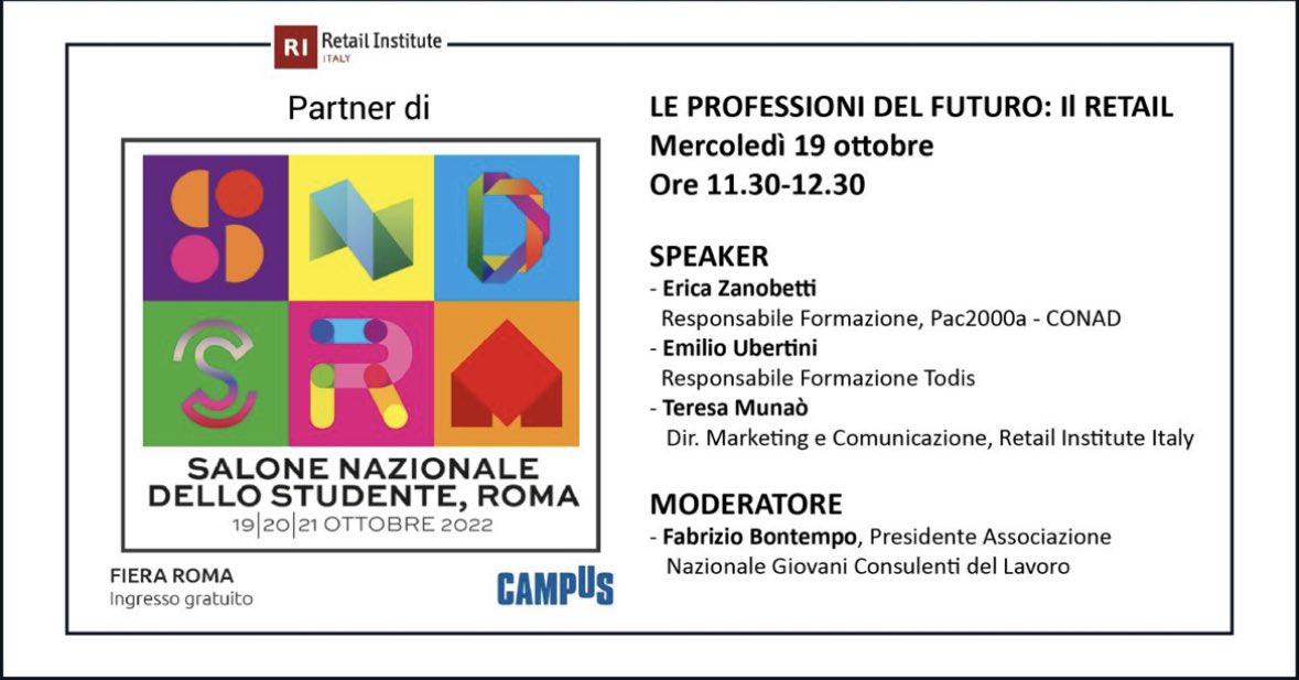Tavola Rotonda “Le Professioni del Futuro:il Retail”Erica Zanobetti, Responsabile Formazione di Pac2000a-Conad, Emilio Ubertini, Responsabile Formazione di Todis Teresa Munaò, Direttore Marketing e Comunicazione di Retail Institute Italy Fabrizio Bontempo, Presidente <a href="/ANGCDL/">Angcdl</a>