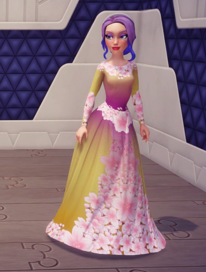 PickleSquid's tweet photo. Tried a second design, based on something my 4 year old son requested. He wanted a yellow, floral dress and wanted the cherry blossom motif. #disneydreamlight #DisneyDreamlightValley https://t.co/UL5Xx8HXAL
