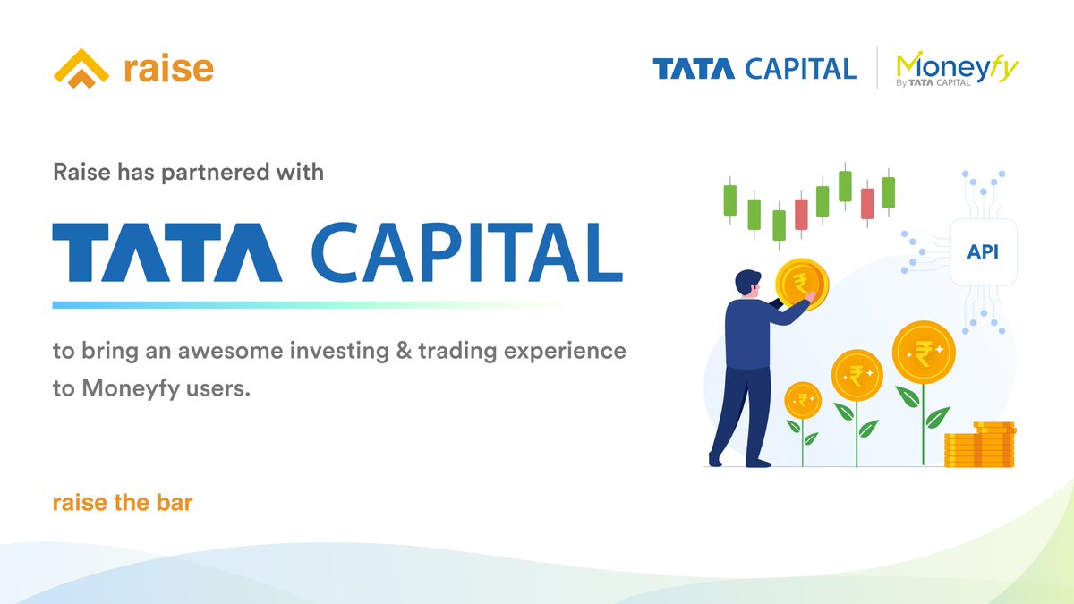 RaiseTheBarHQ's tweet photo. We’re happy to announce that Raise Financial Services and @tatacapital are partnering with the aim of distributing Financial Products &amp; Services via @DhanHQ and Moneyfy. 🚀 https://t.co/fXoizzdySN