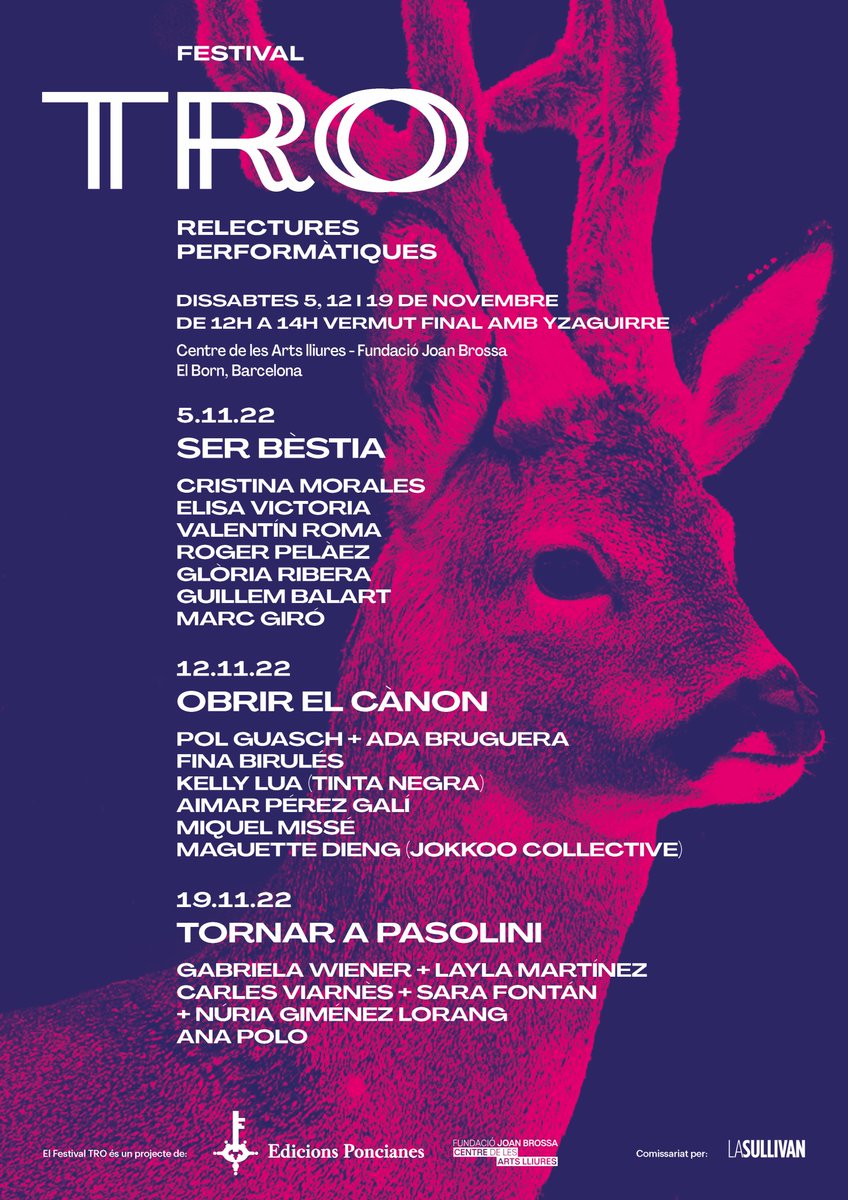 sullivancultura's tweet photo. Ens fa molta il·lusió anunciar les dates del nou festival de relectures performàtiques que hem comissariat: el Tro⚡️

Un projecte de @Poncianes i @fundaciobrossa que tindrà lloc a la Fundació Joan Brossa tres dissabtes de novembre (gratuït i amb vermut final). 

🦌Aviat + info🦌 https://t.co/XZ5UA57lOb