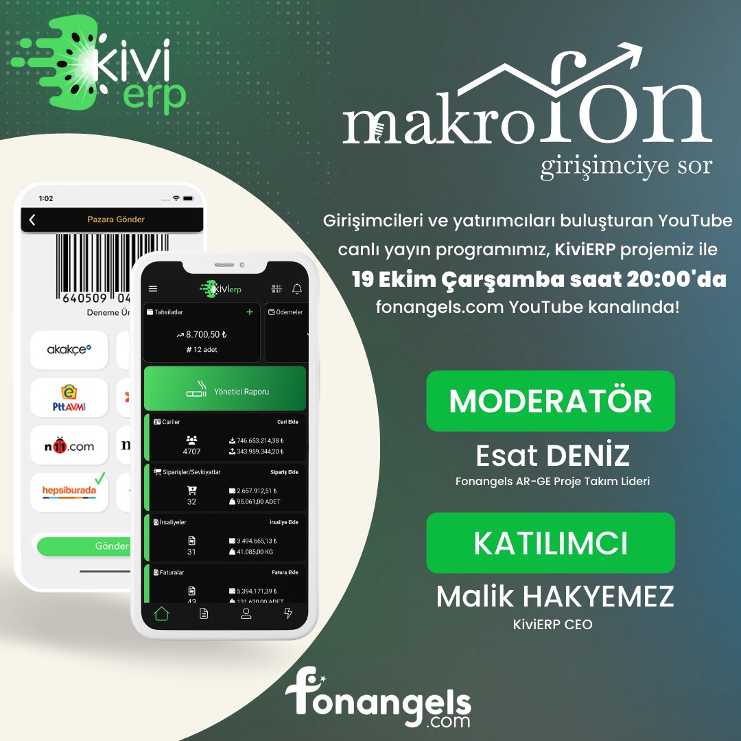 Girişimcileri ve yatırımcıları buluşturan YouTube canlı yayın programımız, <a href="/KiviErp/">Kivi e-Dönüşüm</a> projemiz ile 19 Ekim Çarşamba saat 20:00'da fonangels.com YouTube kanalında!

#fonangels #kivierp #crm #fonlama #youtube #canlıyayın #yatırımcı #girişim