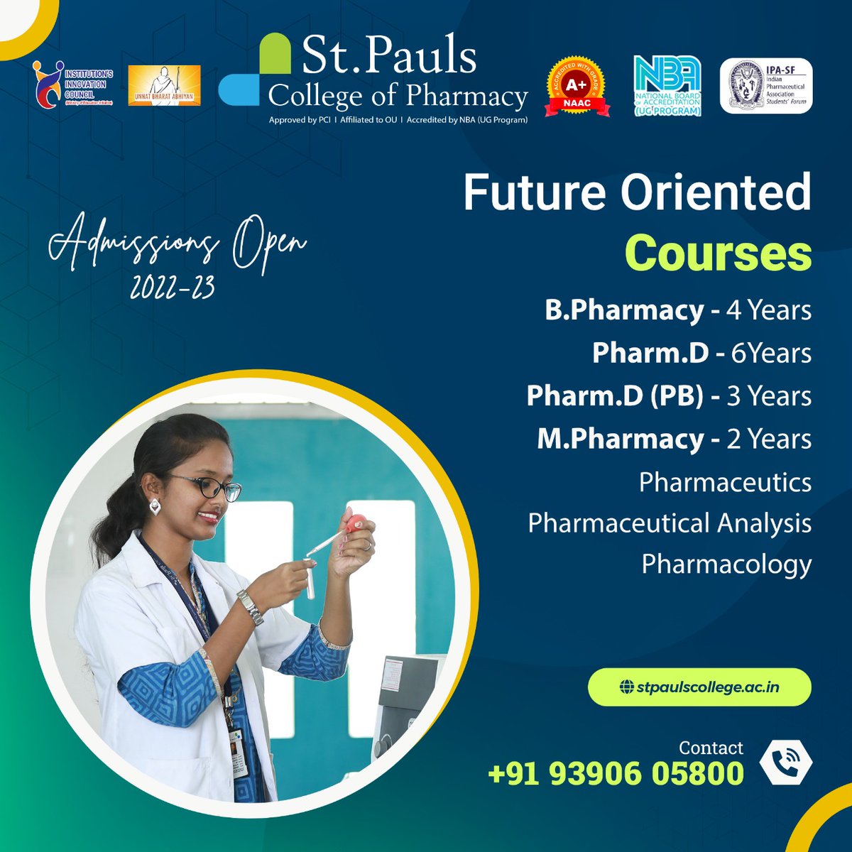 stpaulspharmacy's tweet photo. Get industry ready with future oriented courses offered at St. Pauls College of Pharmacy. #AdmissionsOpen 2022-23.
#StPauls #StPaulsCollegeOfPharmacy #AdmissionsOpen2022_23 #Courses #B_Pharmacy #Pharm_D #Pharm_D_PB #M_Pharmacy #Pharmaceutics #Admissions
#PharmaceuticalAnalysis https://t.co/va4OE5BSXz