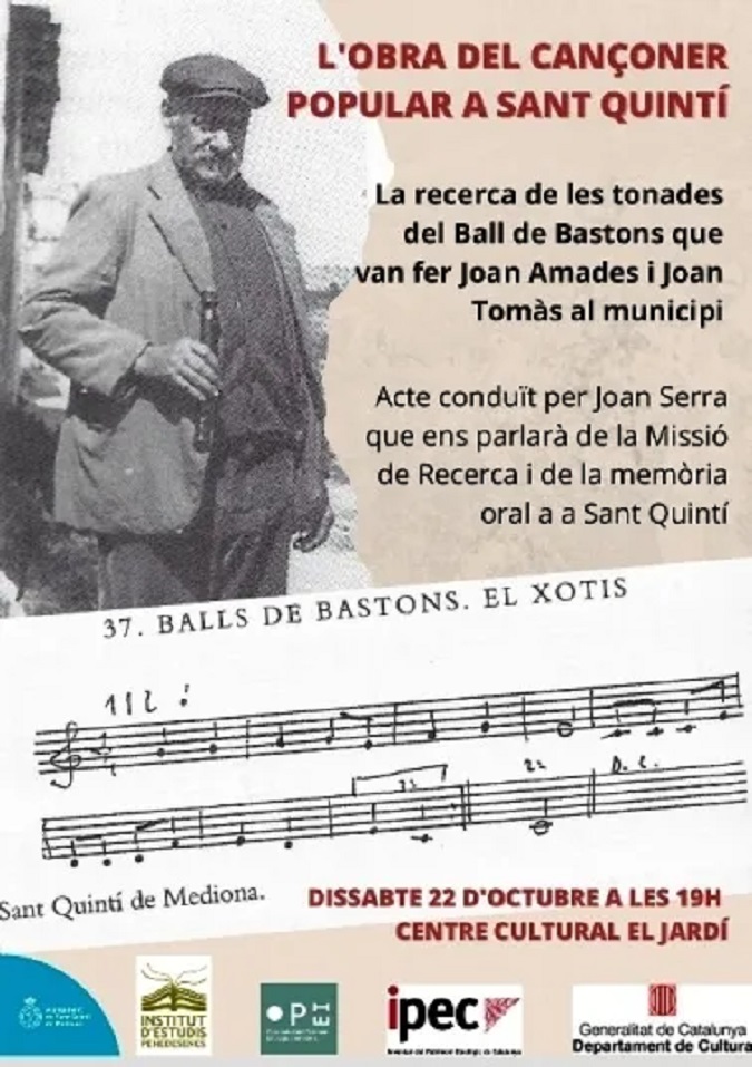 cultpopular_cat's tweet photo. La recerca de les tonades del Ball de Bastons ferta per Joan Amades i Joan Tomàs a Sant Quintí de Mediona.  

#AnyCançonerPopular

📆 22 octubre - 19 hores
📍   Centre Cultural El Jardí - Sant Quintí de Mediona

@AjuntamentSQM @IEPenedesencs @cultura_cat https://t.co/JvKEOrJaRt