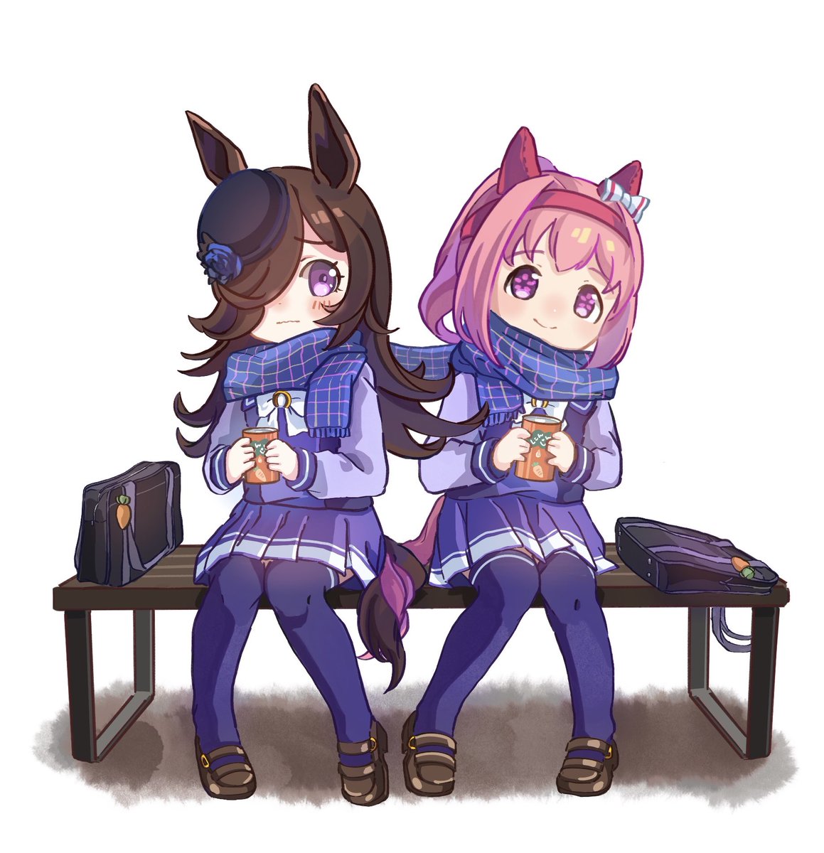 haru urara (umamusume) ,rice shower (umamusume) multiple girls 2girls shared scarf shared clothes animal ears horse ears scarf  illustration images