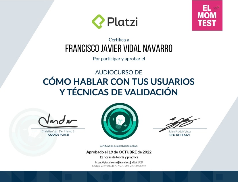 FJVidal142's tweet photo. Gracias al equipo de @Platzi y a @veronicatorras por su excelente gestión 🔥🚀en el curso inspirado en el  libro "The Mom Test" recomendado 💯% si deseas conocer "Cómo Hablar Con Tus Usuarios y Las Mejores Técnicas de Validación".
#NuncaParesDeAprender 😎 https://t.co/r9Ox98spGB