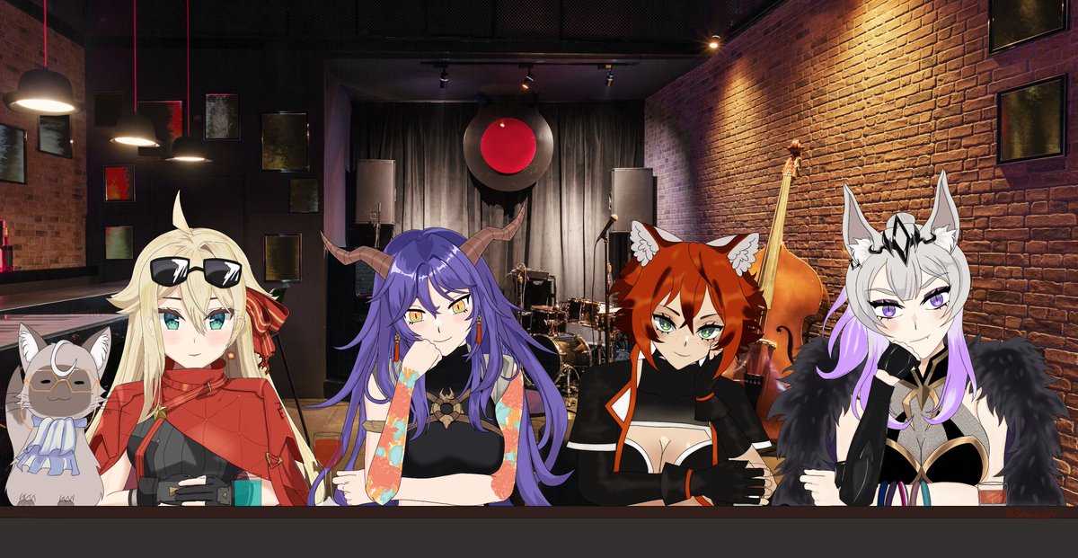 SpaniardVT's tweet photo. After making the one with just Koma and Shimada, I had the idea: What if i add the rest of Duskward? So I did, and changed the stock photo background cause I'm no where near the skill or workflow to do those yet lol. #shimadart #sionnart #charmy_art #komartsu https://t.co/JekoXgDMuJ