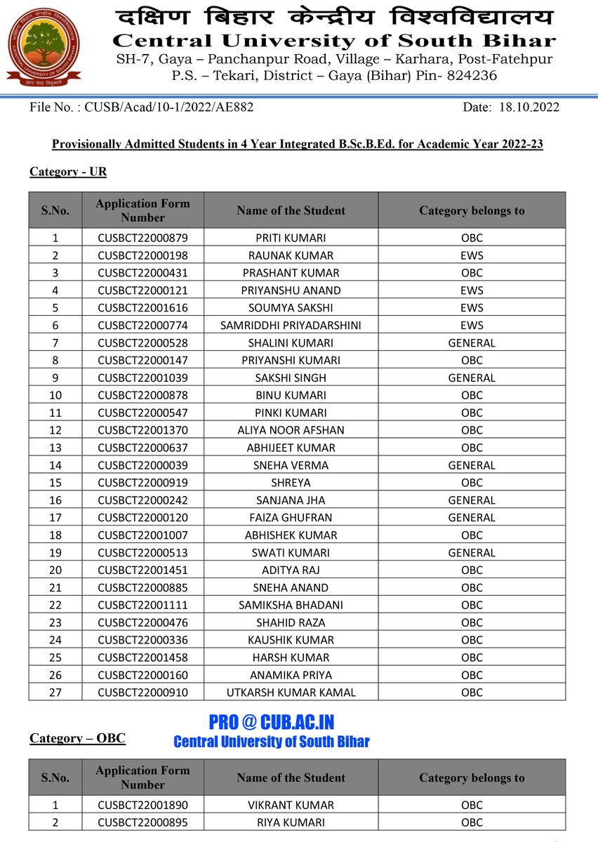 CUSBofficial's tweet photo. Admission List of Four-Year Integrated BSc. B.Ed of Central University of South Bihar - Official

Official Portal of CUSB: https://t.co/AhojP0sCir

#CUSB
#cuet 
#centraluniversityofsouthbihar
#cusbug
#cusbadmission https://t.co/pAW2nmh0tG