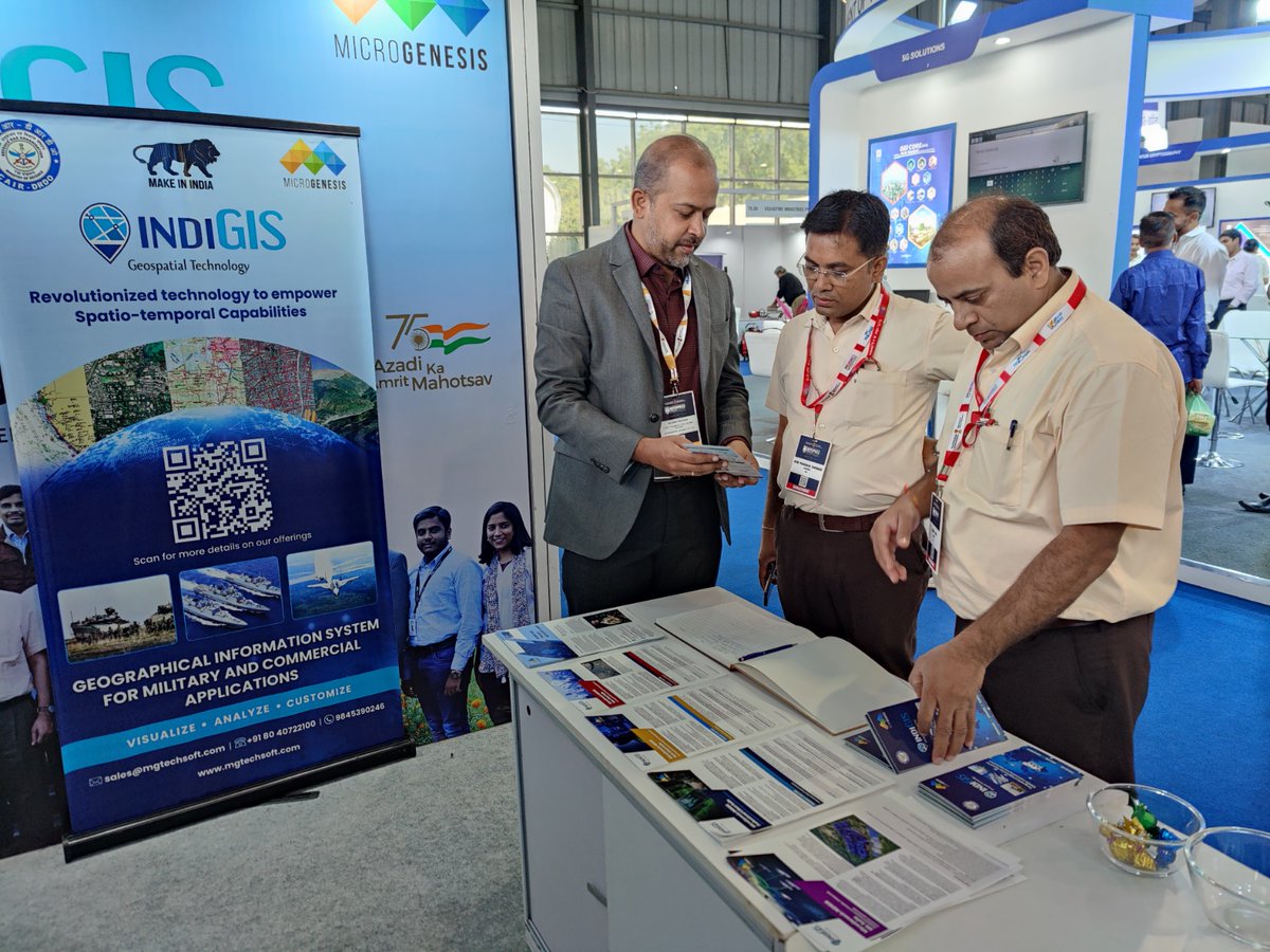 Mgtechsoft's tweet photo. Mr. Nitin Choudhary and the team of HAL, Ahmedabad visited #MicroGenesis Stall No: 7S.4 in HEC, Gandhinagar, Gujarat, &amp; got more in-depth details of our indigenoused #GeospatialTechnology - #IndiGIS and its Capabilities.

#DefExpo2022 #PathToPride #MGenatDefExpo2022 #MakeInIndia https://t.co/2aSOqs50Sy