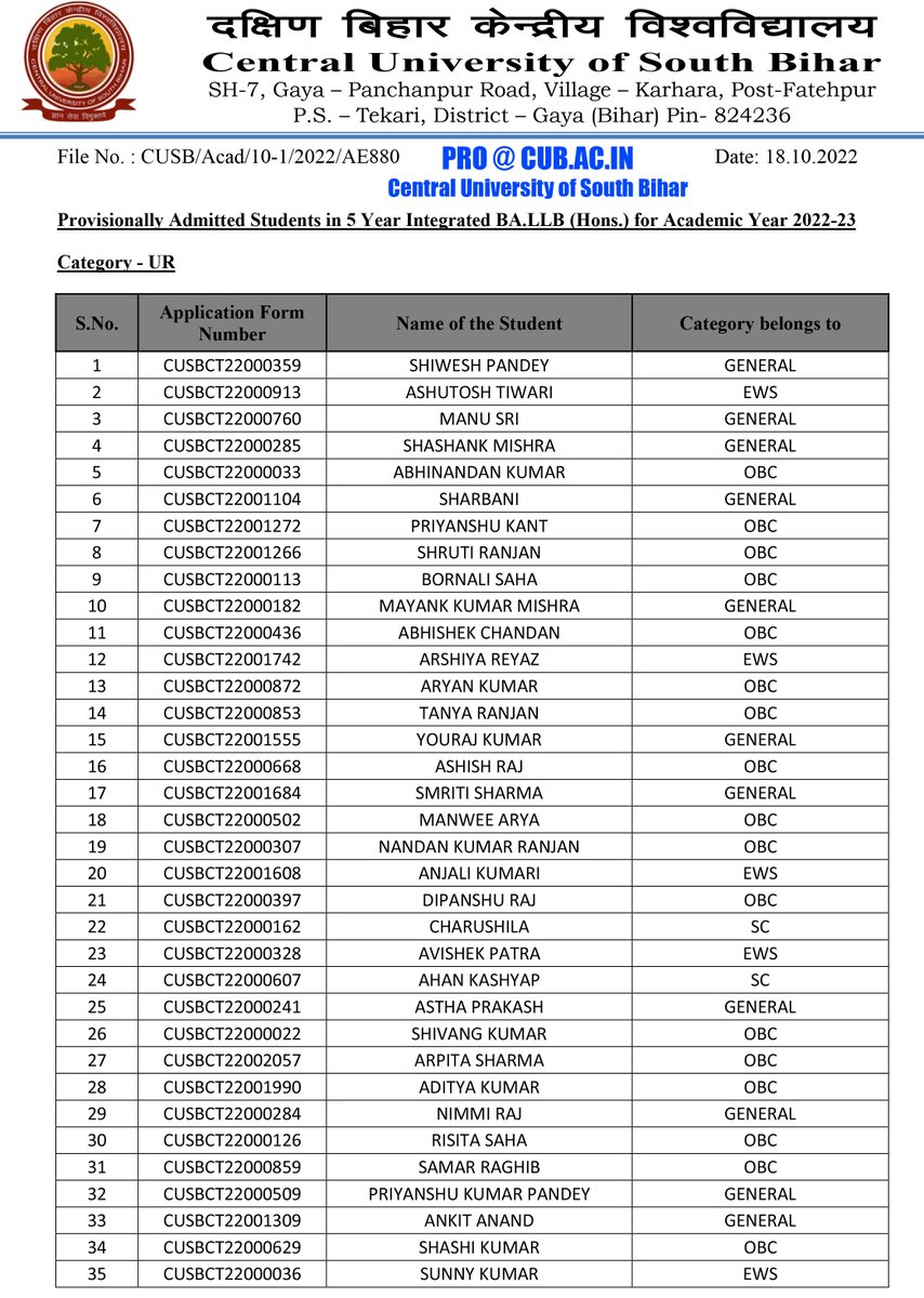 CUSBofficial's tweet photo. Admission List of Five-Year Integrated BA LLB of Central University of South Bihar - Official

Official Portal of CUSB: https://t.co/AhojP0sCir

#CUSB
#cuet 
#centraluniversityofsouthbihar
#cusbug
#cusbadmission https://t.co/JIiRff2QWC