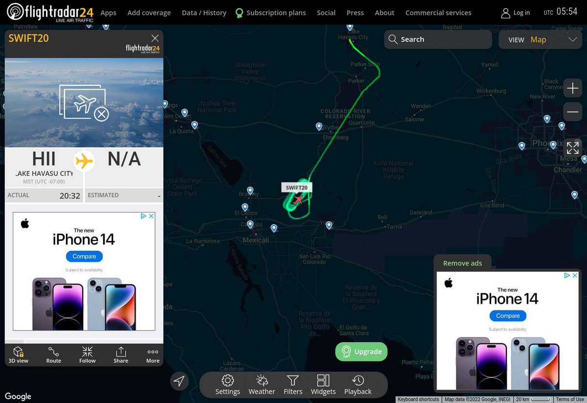 Radar_Assistant's tweet image. MULTI FR24 CIRCLING ALERT : At time Wed Oct 19 06:53:48 2022 #SWIFT20 was likely to be circling at FL70 20nm from MXL Mexicali_VOR-DME_MX
 near CAL Fire San Diego Unit, California, United States #AvGeek #ADSB flightradar24.com/SWIFT20/2de55c…