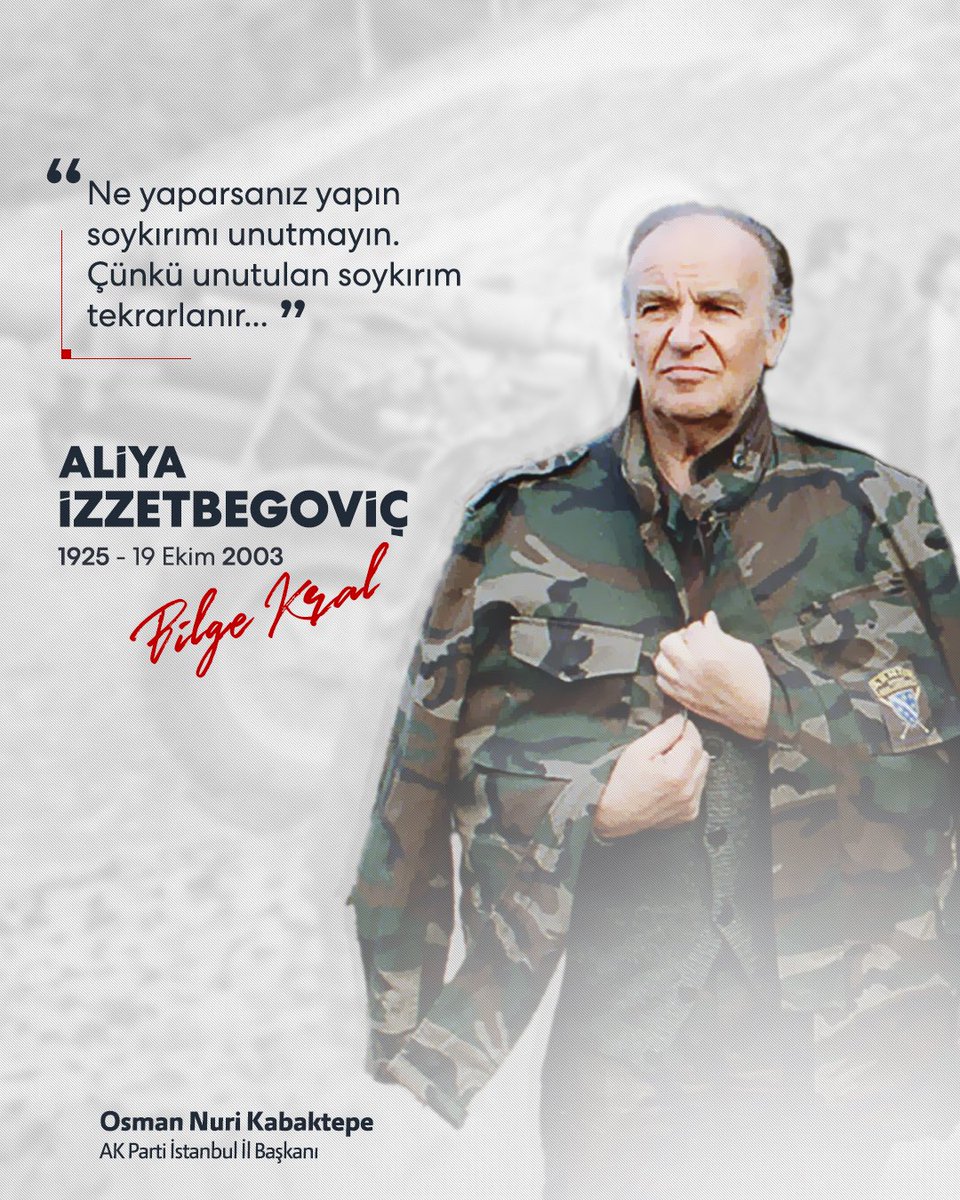 osmannnurika's tweet photo. Hayatını milletinin özgürlük mücadelesine adayan kardeş ülke Bosna Hersek'in Bilge Kral'ı #Aliyaİzzetbegoviç'i vefatının 19. yıl dönümünde saygıyla ve rahmetle anıyorum. 

Fikirleri, cesareti ve devlet adamlığı hiçbir zaman unutulmayacaktır. https://t.co/ejXMzBnUtX