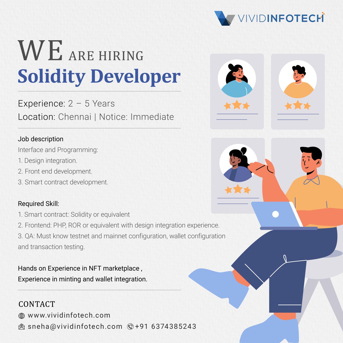 Vivid81427210's tweet image. We are Hiring: Solidity developer
Experience: 2yrs -5 yrs experience
Looking for: Immediate joiner
#vividinfotech #solidity 
#solidityblockchaindevelopment 
#hiring 
#hiringnow 
#hiringdevelopers 
#jobsinindia #jobshiring