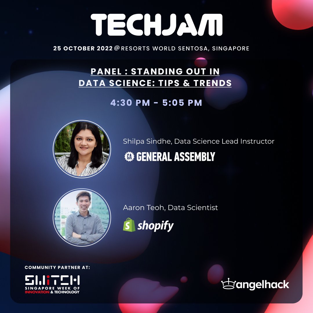 AngelHack's tweet photo. Catch Shilpa &amp; Aaron at #TechJam2022 as they share insights into how you can stand out in the Data Science field &amp; forge a path for yourself in this tech sector.🧪

📍25th October @ Resorts World Sentosa Convention Centre, Singapore
🙋Sign up: https://t.co/zu3vrCijbQ

#SWITCH2022 https://t.co/JvyQO7BPop