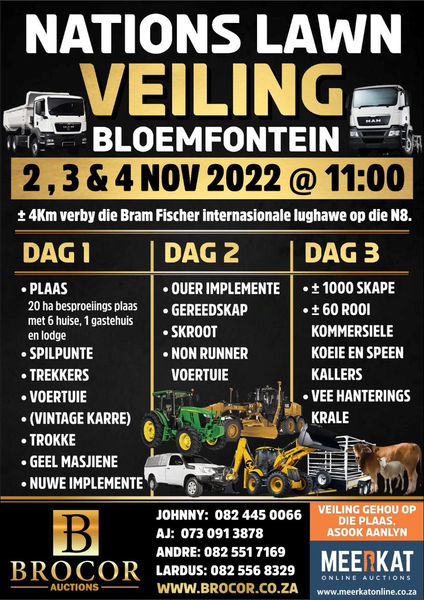 Veeplaas1's tweet image. Wees daar van 2-4 November vir #BrocorAuctions se reuse plaas- &amp;amp; besigheidsveiling. Ouer plaasimplemente, gereedskap &amp;amp; voertuie sal op 3 November onder die hamer kom. Vir meer inligting besoek brocor.co.za of skakel 0730913878 of 0824450066. #PlaasVeiling #Implemente