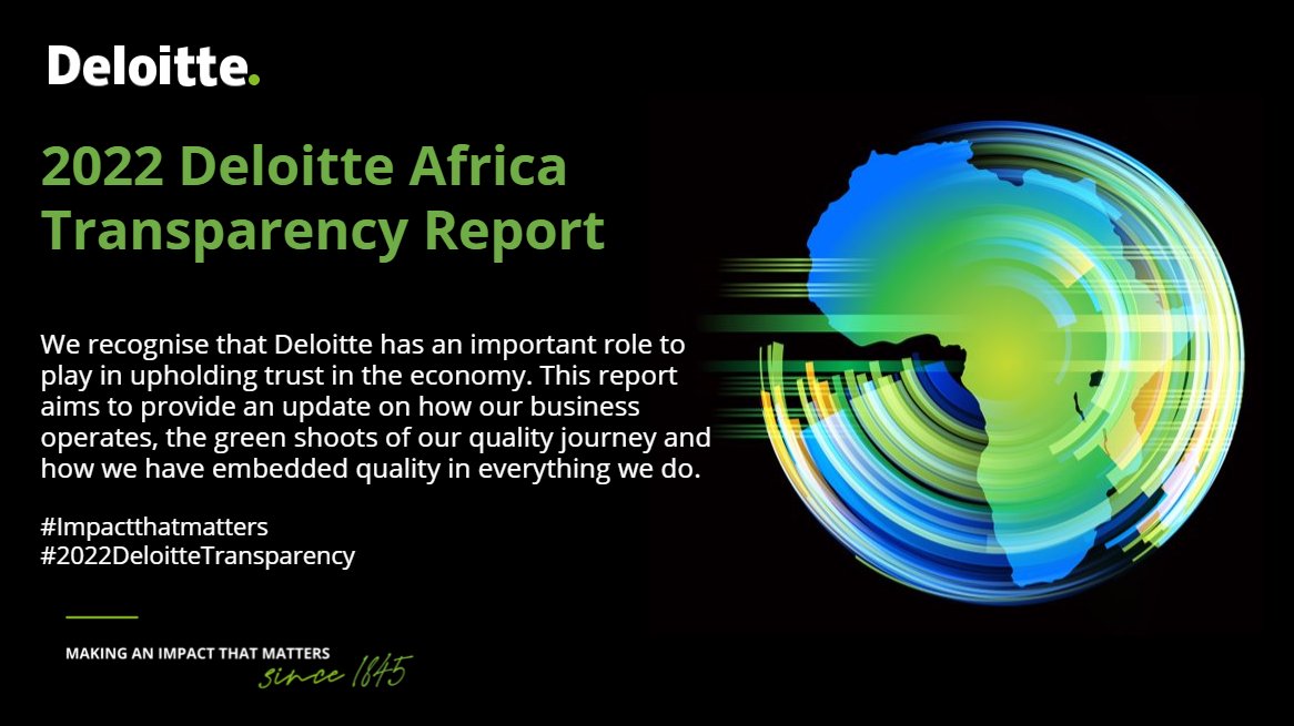 We view the 2022 Deloitte Africa Transparency Report as an important opportunity for our firm to share our progress toward our purpose – to make an #Impactthatmatters!

www2.deloitte.com/za/en/pages/ab…  #2022DeloitteTransparency
