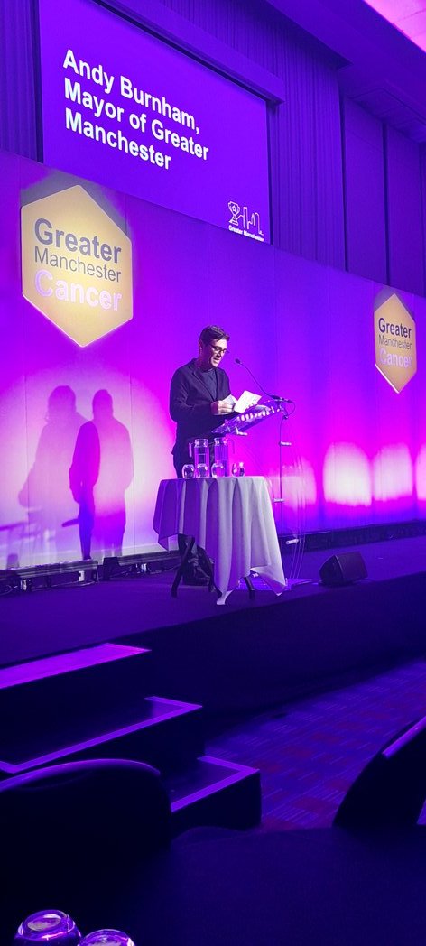 Suzililley's tweet photo. @AndyBurnhamGM opening our very first GM Cancer awards to recognise all the amazing work happening across GM #GMCC22 https://t.co/AhGeZu1yi4