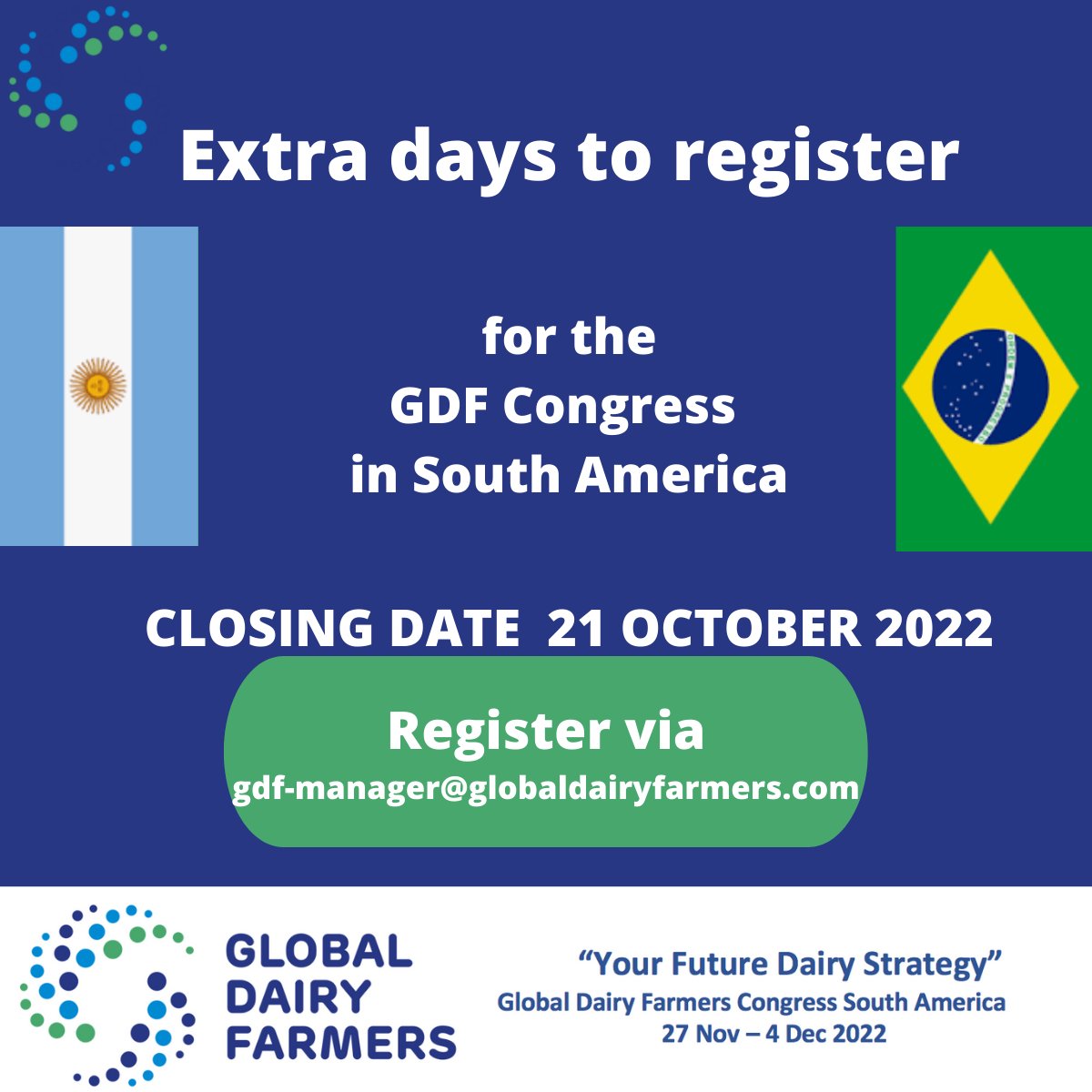 GDFnetwork's tweet photo. We prolonge the closing date to register for our GDF Congress in South America. For more information see our website https://t.co/RFyds2ugH2 https://t.co/LvQqMzupzQ
