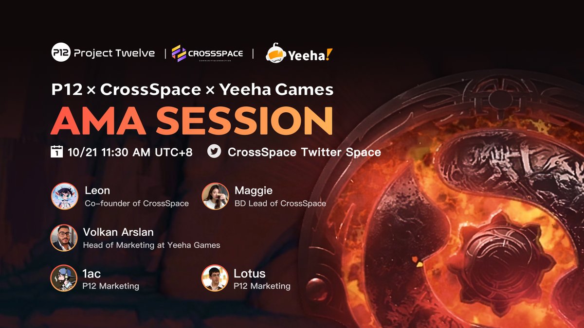 CrossSpace x @_p12_ x @YeehaGames AMA Session happening soon!💫 Join our #GameFi talk with our special guests this week at 1130am on 21st Oct (UTC+8)🎉 Space link👉twitter.com/i/spaces/1DXxy…