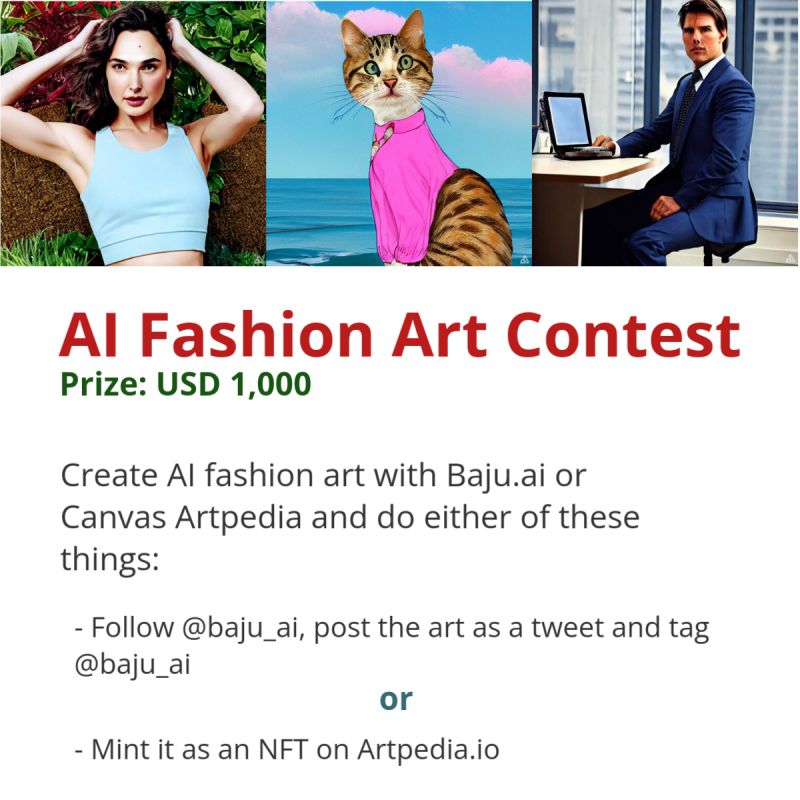 ikuti lomba membuat karya fesyen AI dengan Baju.ai atau canvas.artpedia.io Menangkan USD 1000 atau Rp 15 juta (kurang lebih)! 🤑

Persyaratan lengkap dapat dilihat di sini:
lnkd.in/gTAmtqzf #nft #nftcontest #nftart #generateart