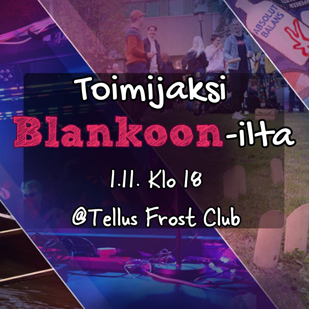 blanko_ry's tweet photo. Haluatko lähteä mukaan Blankon toimintaan? Tule syömään pitsaa ja kuulemaan hallituksen ja toimareiden pesteistä!

🍕

Mitä: Toimijaksi Blankoon-ilta
Missä: Tellus Frost Club, lipastolla
Milloin: 1.11. klo 18
Muuta: Fuksipisteitä 100p

Paikalle tulo ei sido mihinkään https://t.co/slJ0O9Iza0