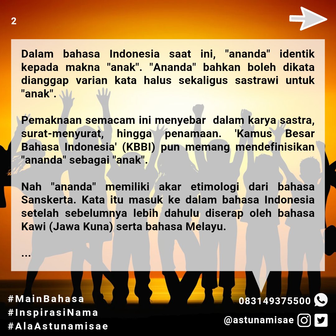 sefkelik's tweet photo. Ananda โ anak
#konsultasinama #jasaraciknama #raciknama
#namabayi #konsultasinamabayi
#jasaraciknamabayi #raciknamabayi
#MainBahasa #BahasaIndonesia #Etimologi #AkarKata #AkarBahasa #MaknaKata #definisi https://t.co/1tA2MjYDDN