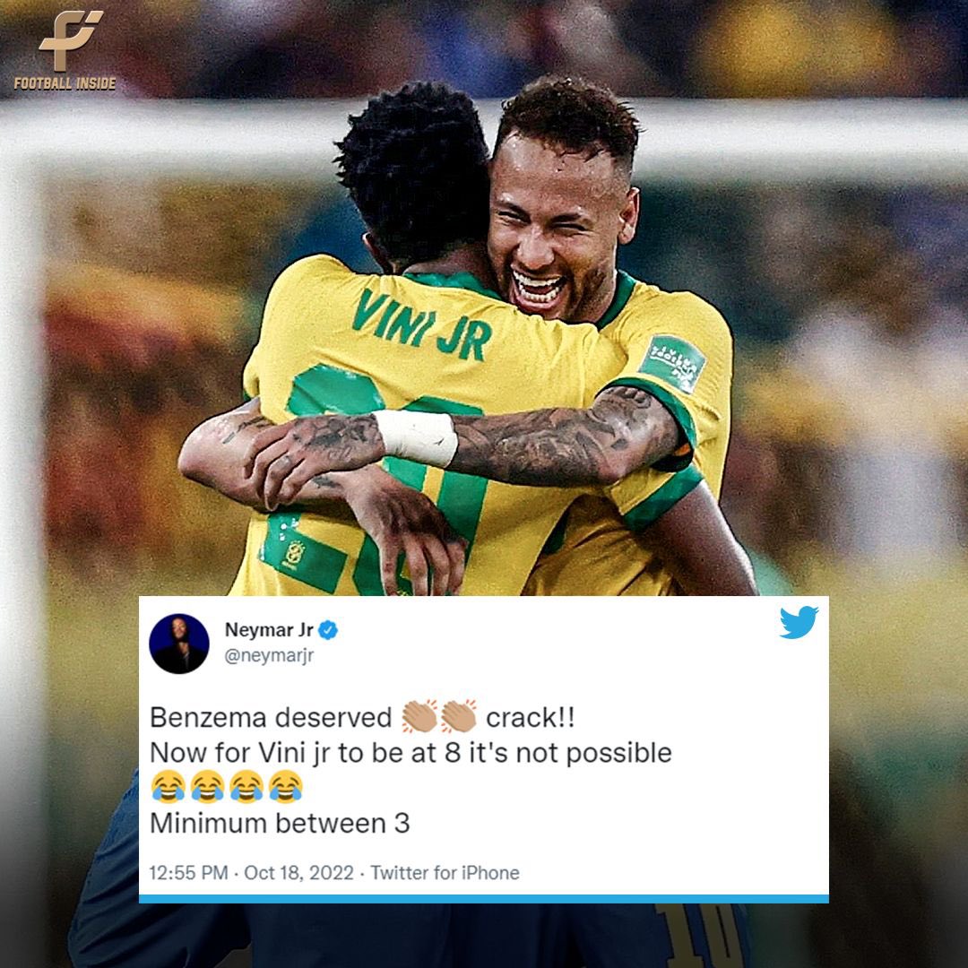 Insidefutbol9's tweet photo. Neymar Jr congratulated Benzema for Ballon D’or but wasn’t happy about @vinijr’s ranking! 👀

#NeymarJr #KarimBenzema #ViniJr #BallonDor https://t.co/rBhBBfbss9