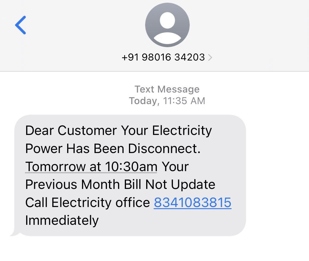 vishals10's tweet photo. Scam alert! @MahaCyber1 @cyberabadpolice #ElecrticityPowerFraud 

How to spot the fraud:
- No company name
- Sent from regular mobile number
- They will ask you for more information https://t.co/xsHHezrCCV