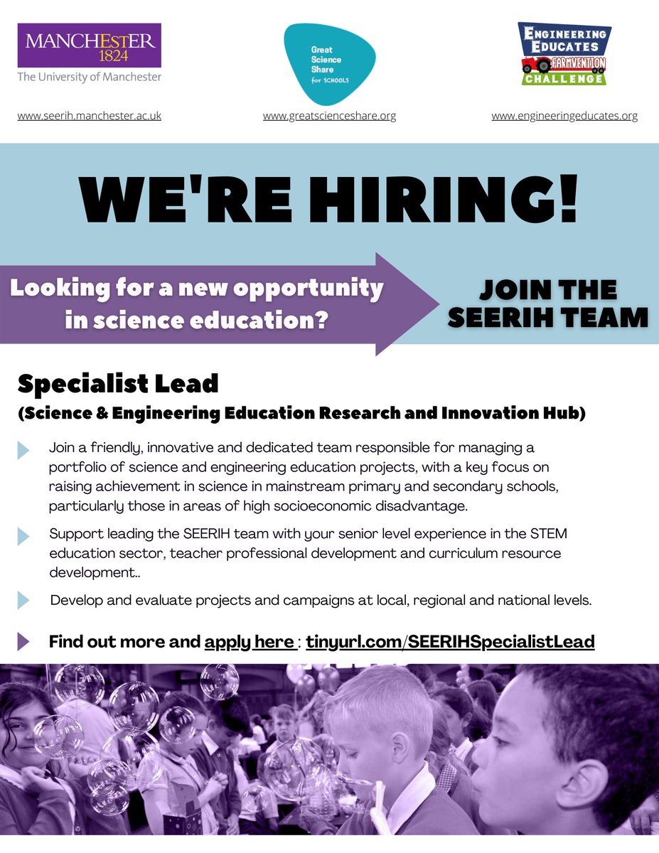 JOIN THE TEAM! Do you have the right skills for this vital role in SEERIH? tinyurl.com/SEERIHSpeciali…

STEM education - teacher professional development - national campaigns - relationship-building - Apply by 27/10

<a href="/UoM_Jobs/">UoM_Jobs</a> <a href="/GreatSciShare/">Great Science Share for Schools</a> #GMJobs #Jobs  #Hiring #Edchat #STEM
