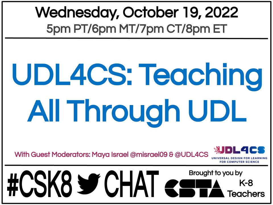 VisionsByVicky's tweet photo. Welcome to tonight’s #csk8 UDL4CS: Teaching All Through UDL chat.
Watch for questions & wisdom from @UDL4CS & @misrael09 and housekeeping tweets from me, @VisionsByVicky https://t.co/10C7zIdyfe