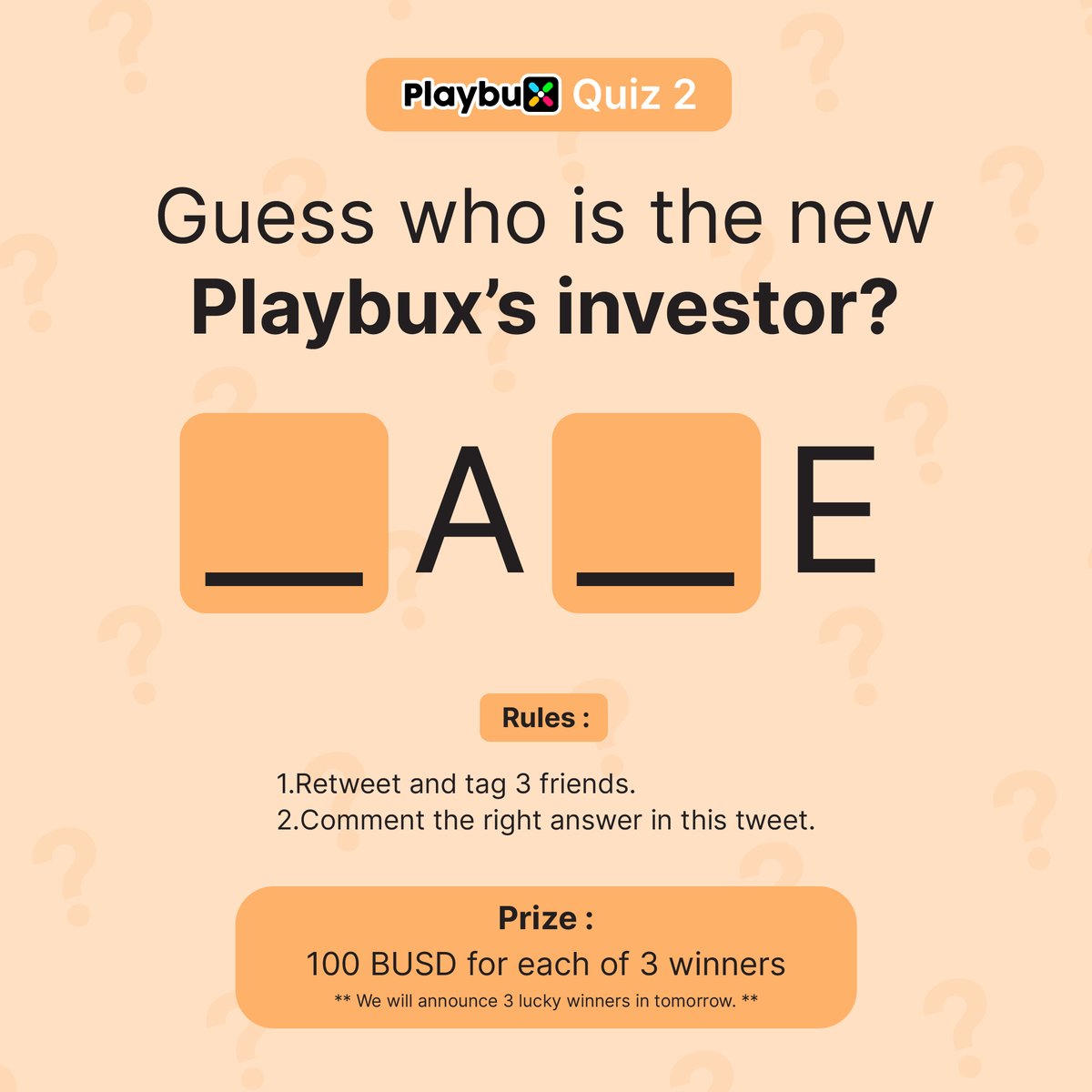 #Quiz2

1.Retweet and tag 3 friends.
2.Comment the right answer in this tweet.
3.And wait until tomorrow for the right answer.

Hope you get lucky.

#Shoptoearn #S2E #Playbux
#BinanceLabs #binance
#bnbchain 
#Metaverse 
#NFTs #NFTsDROP