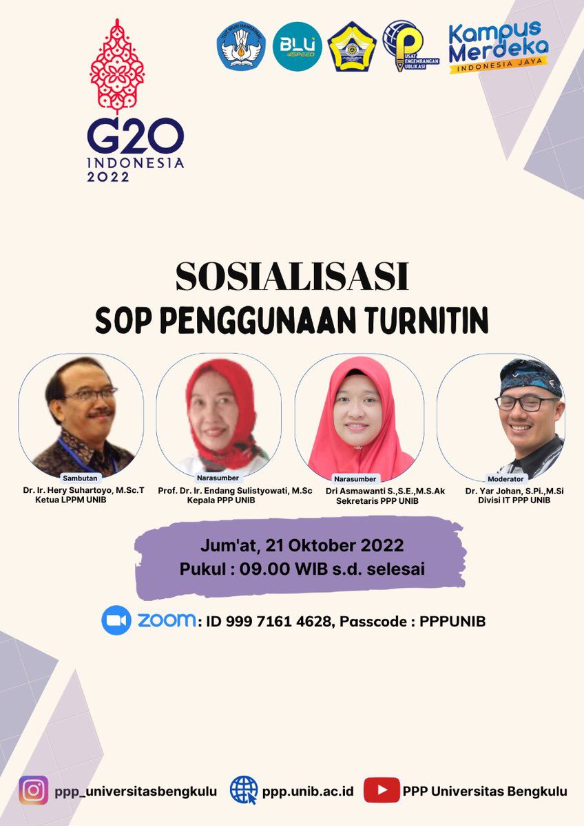 unibofficial's tweet photo. Ayo ikuti! Sosialisasi SOP Penggunaan Turnitin yang diselenggarakan oleh Pusat Pengembangan Publikasi (PPP) Universitas Bengkulu. 

Jumat, 21 Oktober 2022
09.00 s.d. selesai

Meeting ID: 999 7161 4628
Passcode: PPPUNIB

 #unibofficial #publikasiunib https://t.co/GJO1wo3EfO