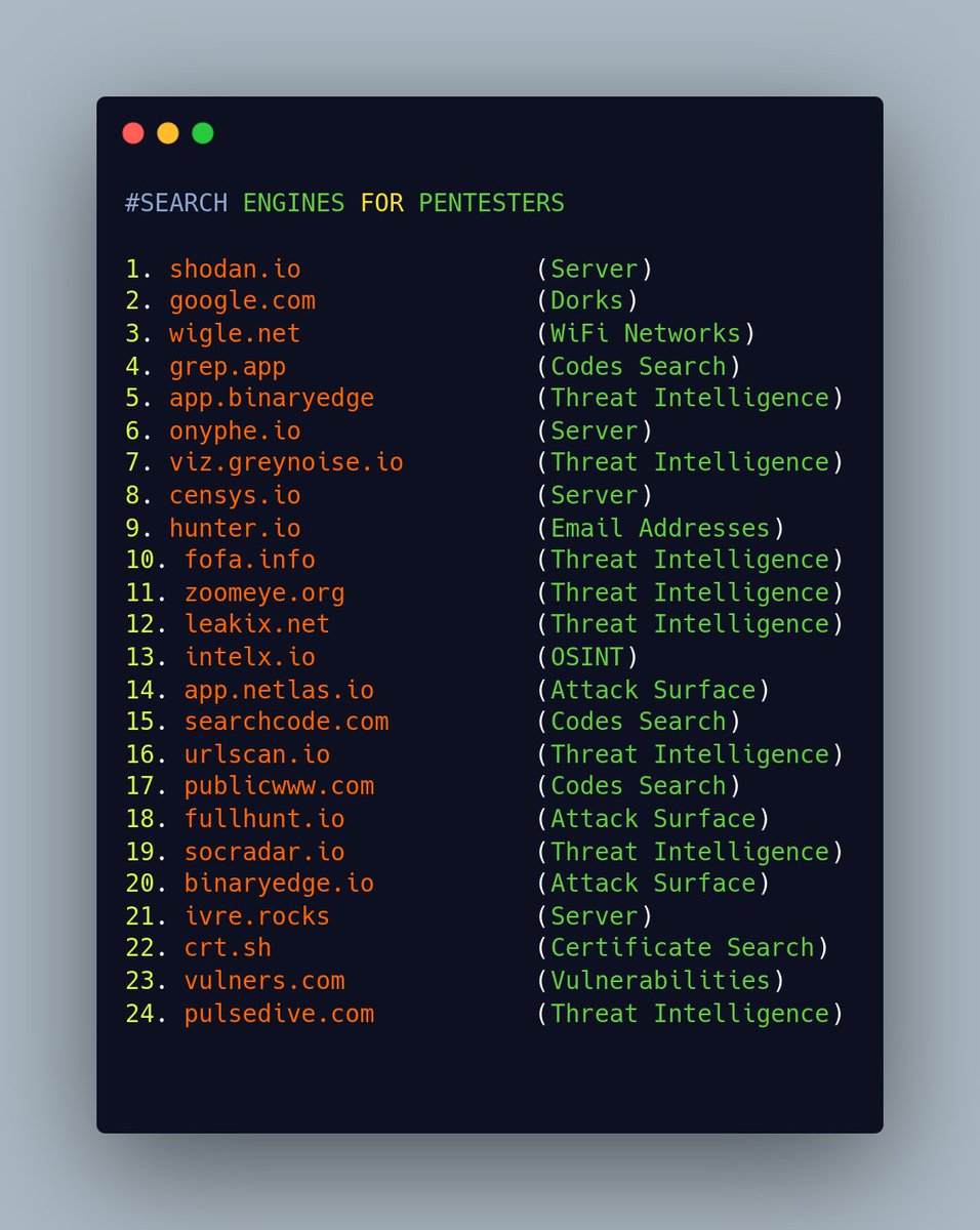 DanielZahoor's tweet photo. Search Engines For Pentesters.

#CSS3 #webdesign #webdevelopment #creativecoding #learntocode #webdev #100DaysOfCode #Codenewbies #Codenewbie #webdesigner #webdeveloper #HTML #frontenddev #codingisfun #codinglife #kalilinux #appdeveloper #mactrack #wifihacking #pentesting https://t.co/I8US0xIihI