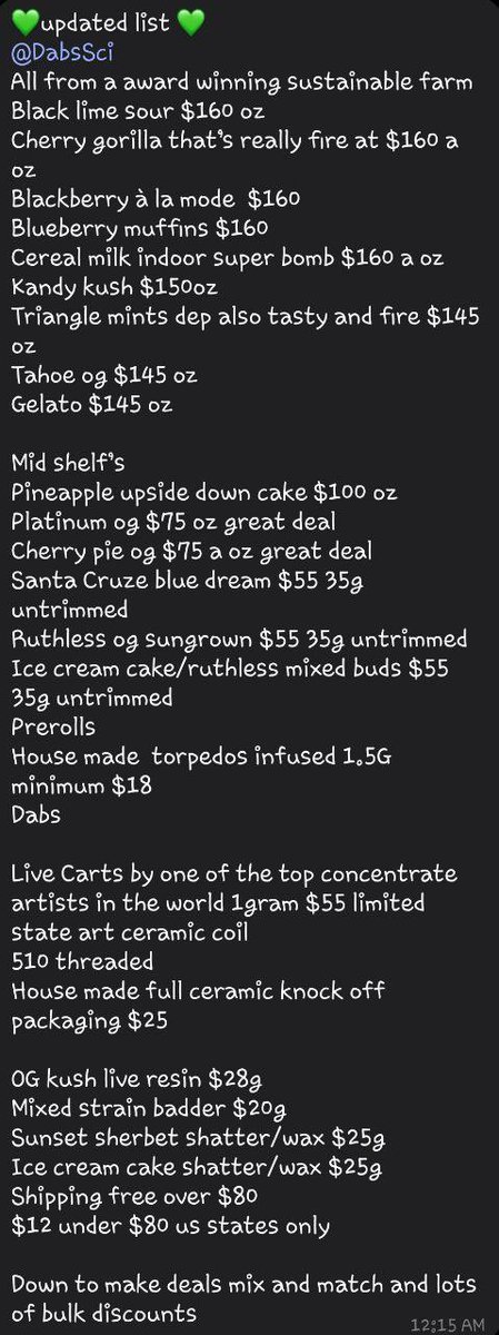 Bignz420's tweet photo. New updated menu take a look see something you like or wanna try just head on over to @DabsSci and hit that DM fast and discreet shipping π―π₯β½οΈπ¨π¨π¨ #StonerFam #Cannabis #CannabisCommunity #420community #weedcommunity #CaliBud #CaliConnect #Bud #Dabs #Wax #weedsmokers #420life https://t.co/ixRU0WvIU7