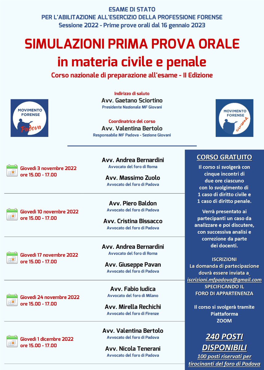 Movimento Forense #webinar Simulazione Prima Prova Orale #esameAvvocato dal 3 novembre al 1 dicembre 2022 ogni #giovedì dalle 15-17 <a href="/alalumia/">Nino La Lumia</a> <a href="/MCesali/">Massimiliano Cesali</a> <a href="/MovforensePD/">MF Padova</a> <a href="/Avv_E_Ferraro/">Avv. Edoardo Ferraro</a> <a href="/radiotribunale/">RadioTribunale</a>