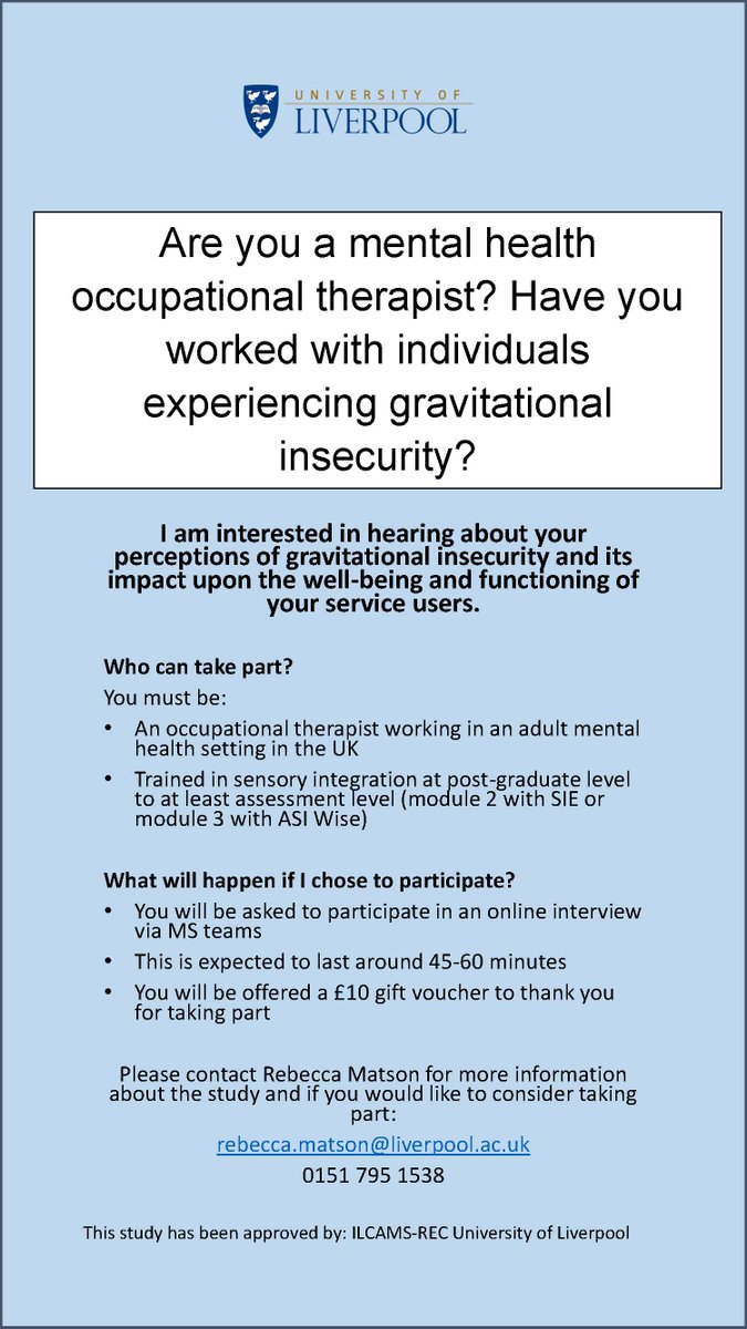 Are you a mental health OT with SI training who has worked with clients experiencing gravitational insecurity? Please consider taking part and helping us gain insight into an understudied area #sensoryintegration #mentalhealth