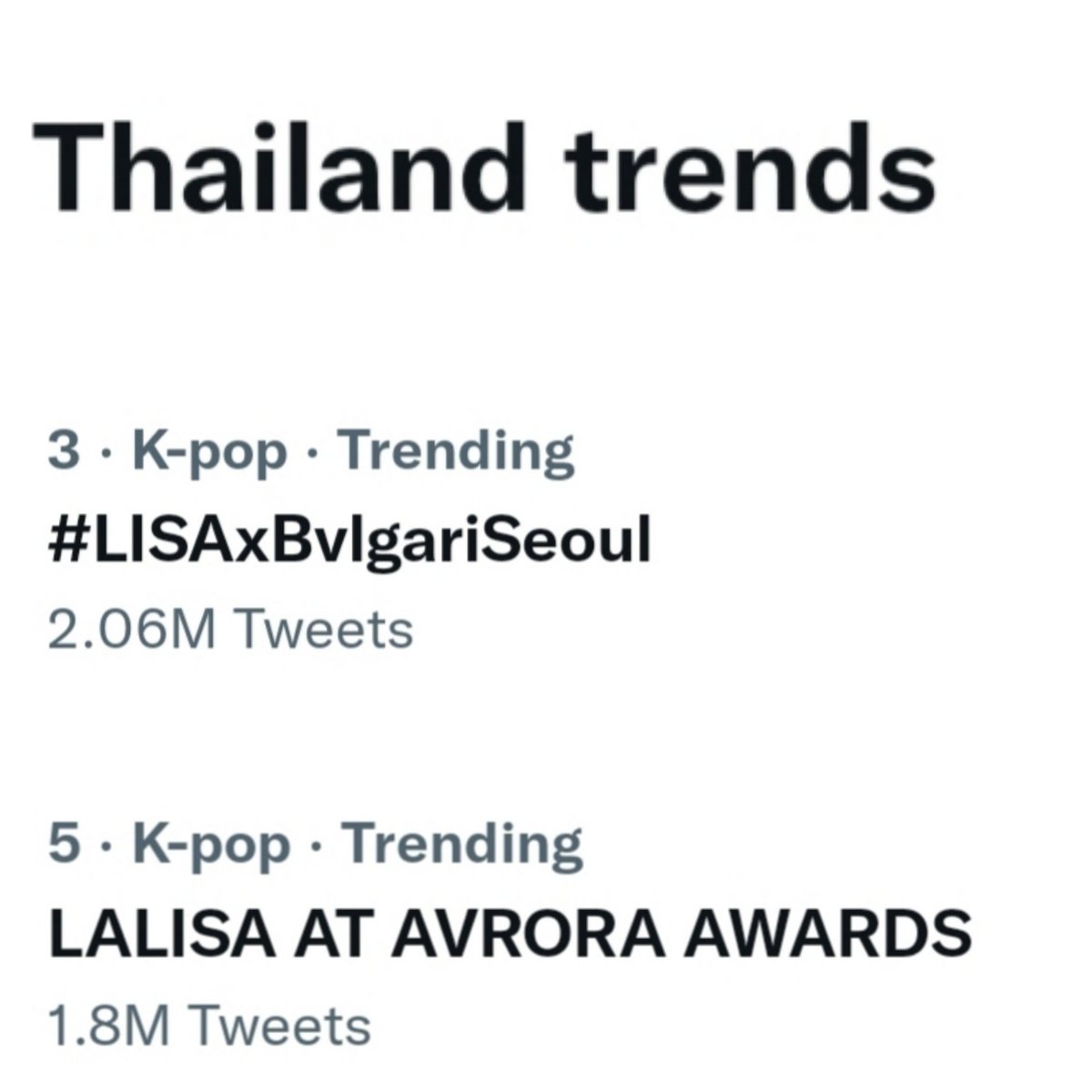 LiliesHome_'s tweet photo. The event tags still trending for Thailands trends at no. 3 &amp; 5 with 2.06M &amp; 1.8M keep going 🤗

LALISA AT AVRORA AWARDS
#LISAxBvlgariSeoul
#LISA #MONEY #SG https://t.co/Iiguh9k8eP