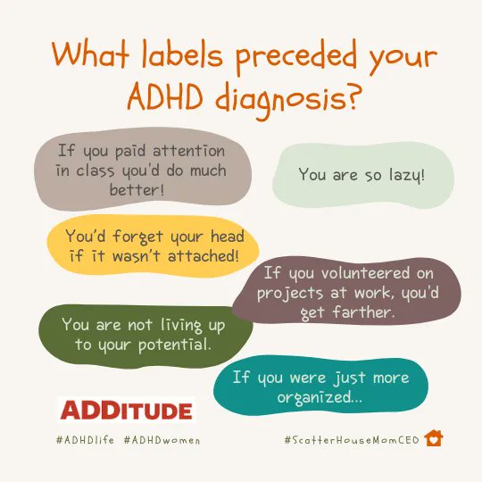 ScatterhouseMom's tweet image. Those living with #ADHD... what were your labels before you were diagnosed? 

buff.ly/3eD8RrZ 

#ADDitudeMag #ADHDAwarenessMonth #OctoberADHD #ADHDlife #ADHDwomen #ADHDmom #ADHDlife #ADHDproblems